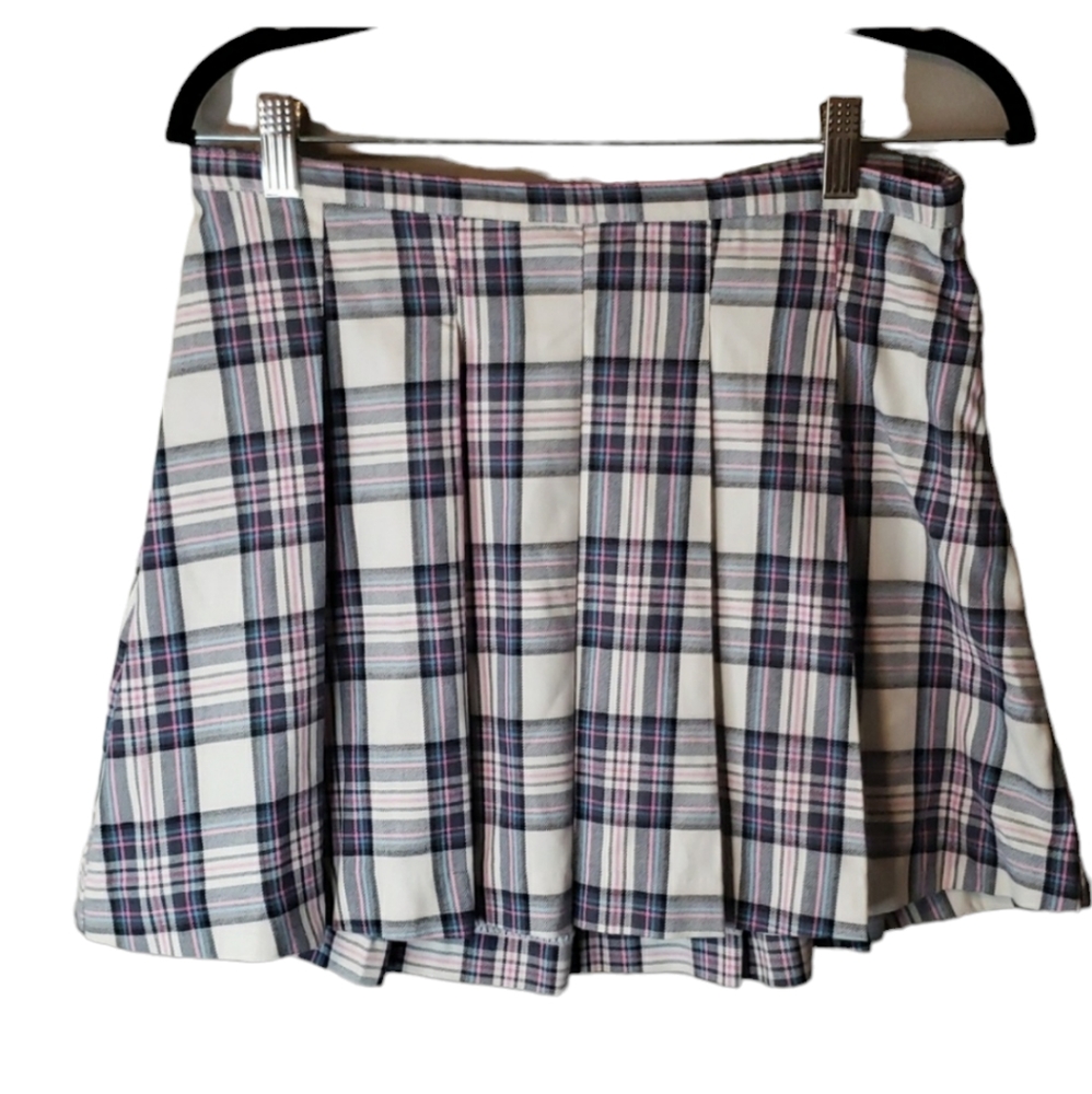 School Girl Pleated Pink, Blue, Black, and White Plaid Skirt Large